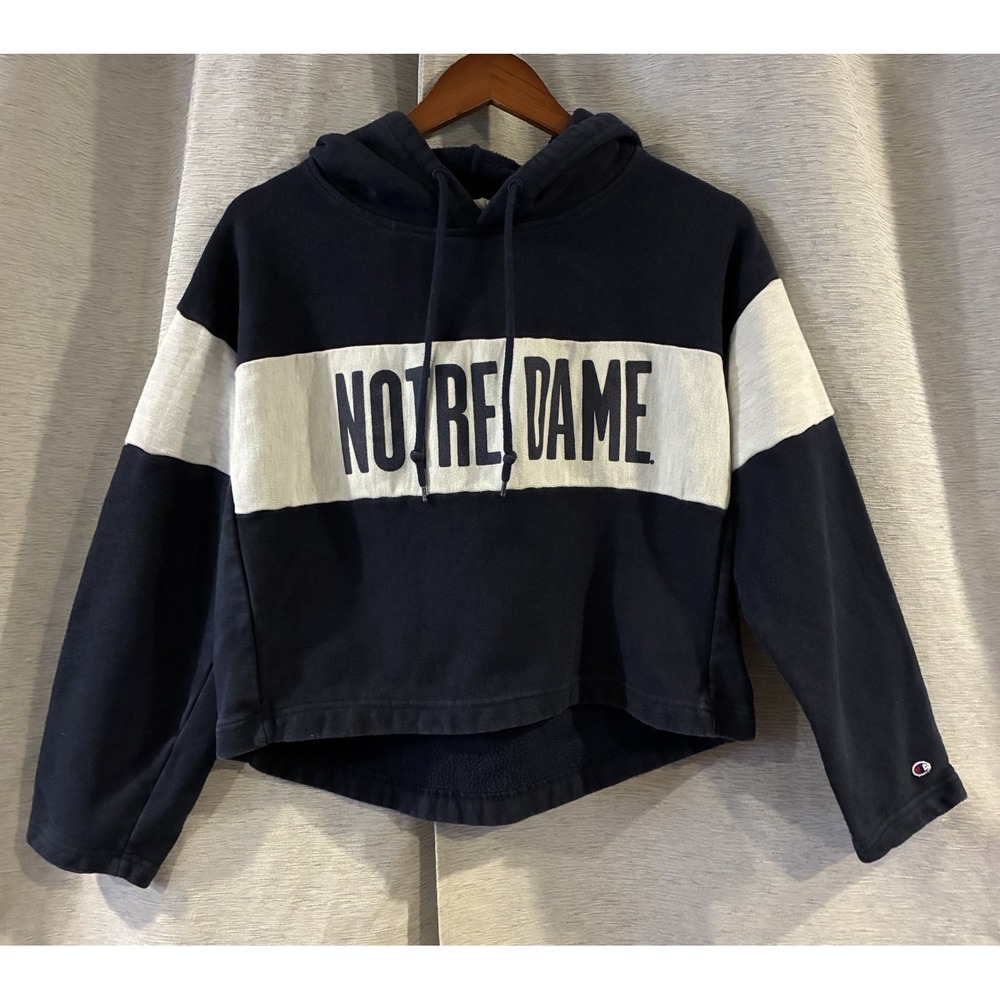Notre Dame Champion Sweatshirt M Blue Cropped Reverse Weave Varsity Collegiate